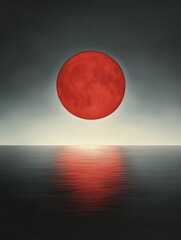 Obraz premium The artistic portrayal of a vampire's blood-red moon shimmers over dark waters, evoking an unsettling atmosphere in vibrant watercolor hues.