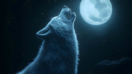 Naklejka premium Wolf Howling on a Full Moon Night Starry Sky, Photo Realistic, Wallpaper, Cover and Screen for Smartphone, Cell Phone, PC, Laptop