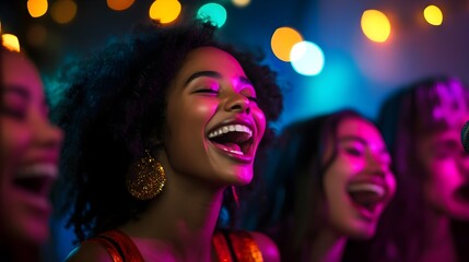 A group of friends singing together at a karaoke night, with bright lights illuminating their joyful expressions