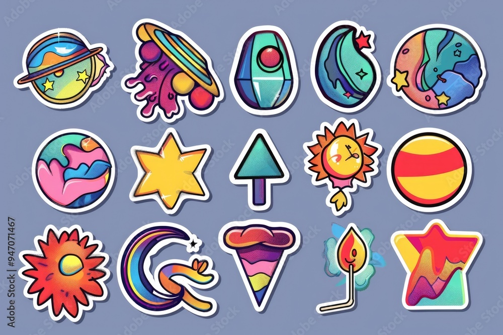 Poster collection of stickers featuring different illustrations and graphics