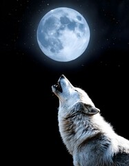 Obraz premium Wolf Howling on a Full Moon Night Starry Sky, Photo Realistic, Wallpaper, Cover and Screen for Smartphone, Cell Phone, PC, Laptop