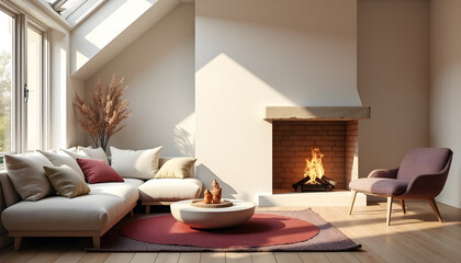 Stylish Living Room with Open Fireplace and Soothing Earth Tones