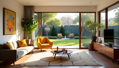 Fototapeta premium Elegant Living Room with Natural Light and Serene Garden Outlook