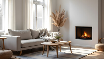 Chic Living Room with Modern Fireplace and Soft Neutral Tones