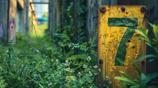A close-up shot of a number 7 painted on the side of a building, providing a clear and simple visual