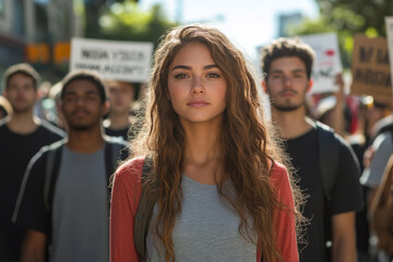 Obraz premium A woman with long hair stands in front of a crowd of people holding a sign