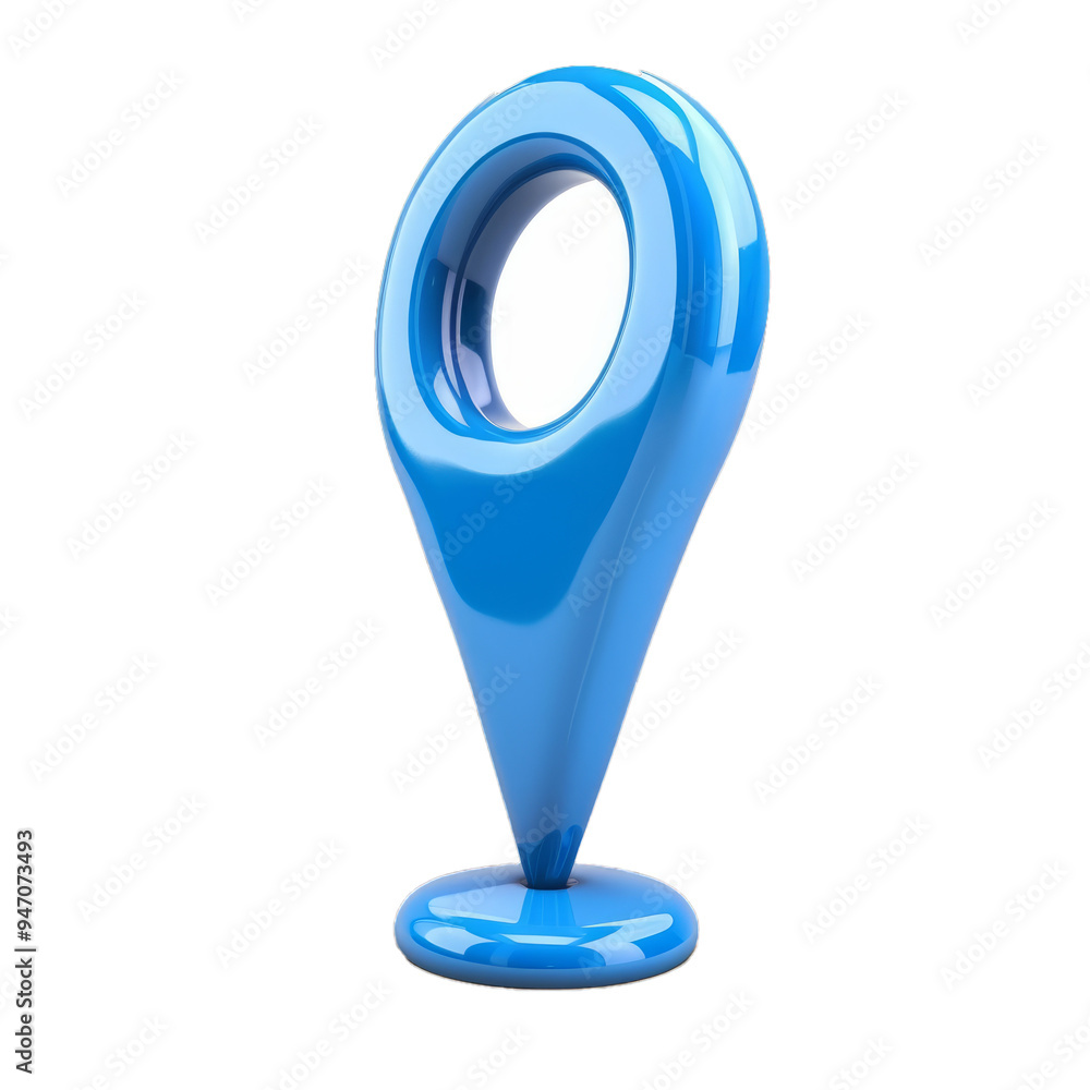 Poster blue glossy map pointer standing on white background