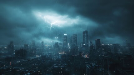 Obraz premium Dramatic cityscape with storm clouds and lightning over skyscrapers, depicting the power of nature and urban resilience.