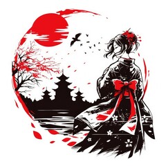 A Woman in a Kimono Stands Before a Red Sun and Cherry Blossoms