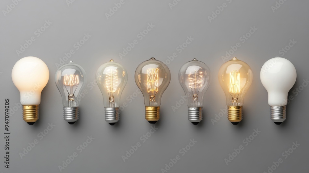 Poster a row of different types of light bulbs, from incandescent to led, showcasing the evolution of light