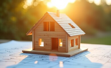 model of a wooden house on a blueprint