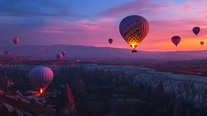 Obraz premium Hot Air Balloons Over Cappadocia at Sunrise: A Mesmerizing Aerial Journey