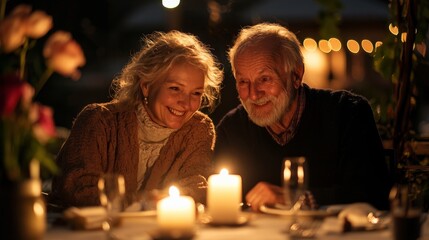 Senior couple celebrating a quiet anniversary dinner, candlelit and intimate