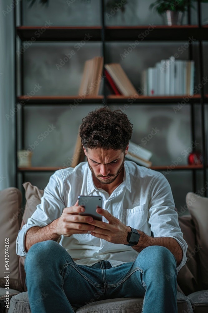 Poster a person sitting on a couch using a mobile device, great for technology or leisure scenarios