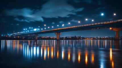 Fototapeta premium A scenic nighttime view of a bridge with bright lights reflecting on the water below, capturing the beauty and tranquility of a well-lit urban landmark.