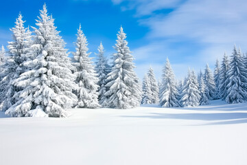 Snow-Covered Evergreen Forest Under Blue Sky