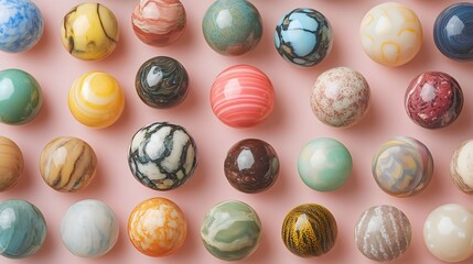 Obraz premium A close-up of a collection of colorful marbles arranged on a light solid color background, showcasing their glossy surfaces and intricate patterns