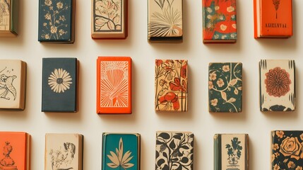 Fototapeta na wymiar A collection of vintage matchbooks displayed on a light solid color background, showcasing various designs and patterns