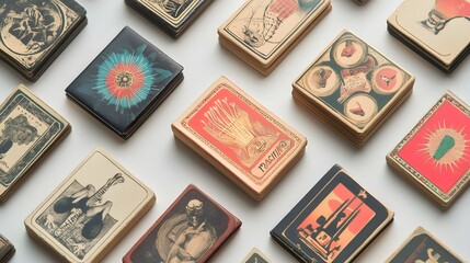 A collection of vintage matchbooks displayed on a light solid color background, showcasing various designs and patterns