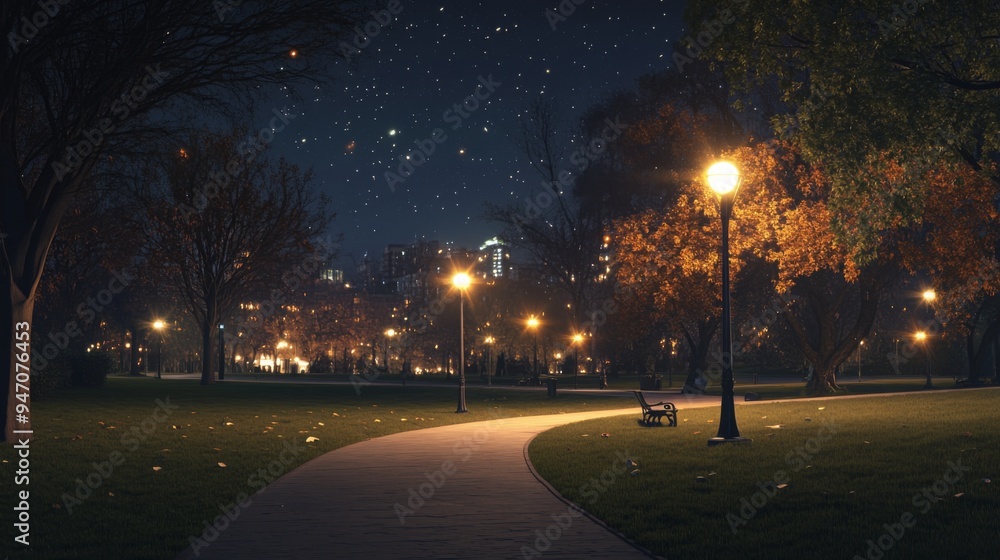 Poster a serene nighttime view of a quiet park with softly lit pathways and distant street lamps, creating 