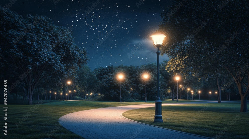 Poster a serene nighttime view of a quiet park with softly lit pathways and distant street lamps, creating 