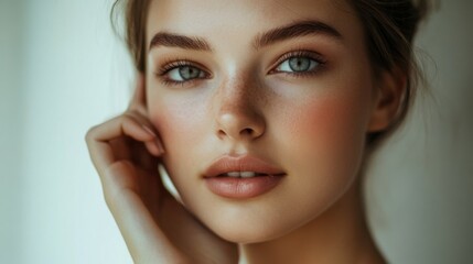 Fototapeta premium A serene portrait of a woman with minimal makeup, emphasizing her natural, flawless skin and gentle, relaxed expression in soft, diffused lighting.