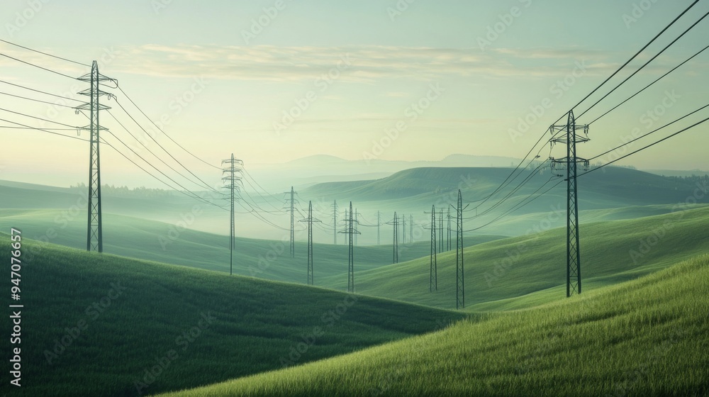 Poster a series of electric poles with high-voltage power lines running through a green countryside, demons