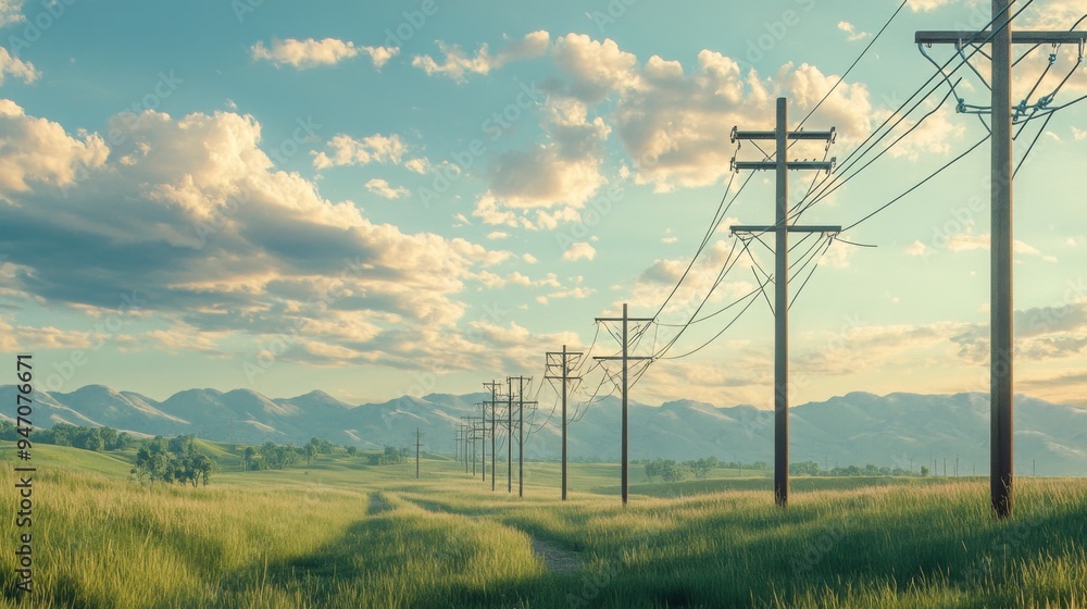 Poster a series of electric poles with high-voltage power lines running through a green countryside, demons