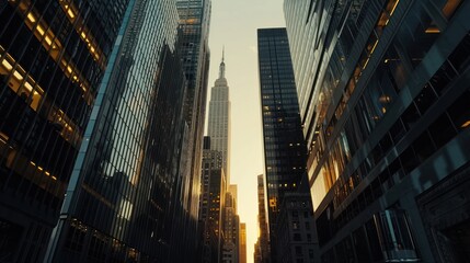 Fototapeta premium Golden Hour Skyline View of Modern Glass Skyscrapers in the City.