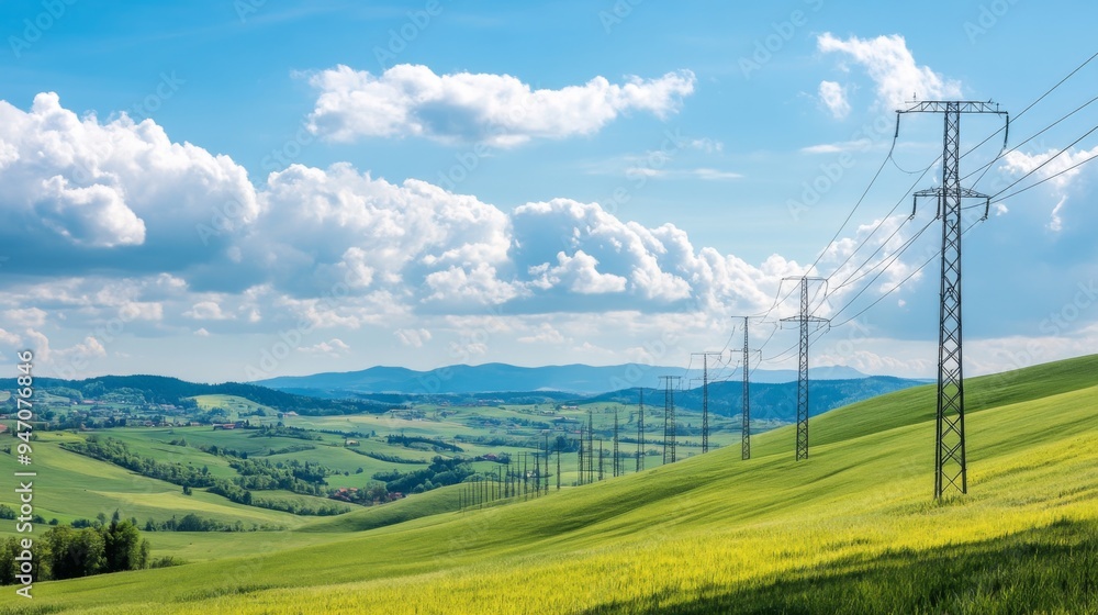 Poster a series of electric poles with high-voltage power lines running through a green countryside, demons