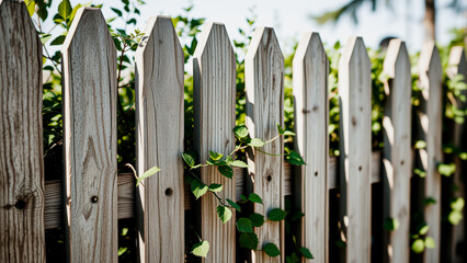 Fototapeta premium Wooden fence with green leaves