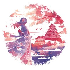 Fototapeta premium Woman in Kimono Facing a Japanese Castle with Cherry Blossoms