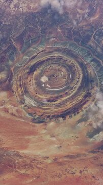 High altitude aerial drone view of the Richat structure. Mauritania in the Sahara desert. Africa