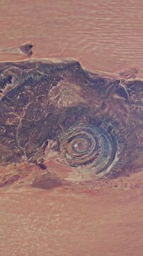 High altitude aerial drone bird's eye view of the Richat structure. Mauritania in the Sahara desert. Africa