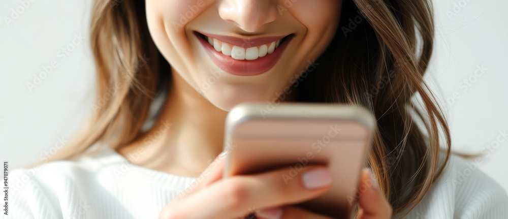 Poster Closeup of a smiling woman looking at her phone