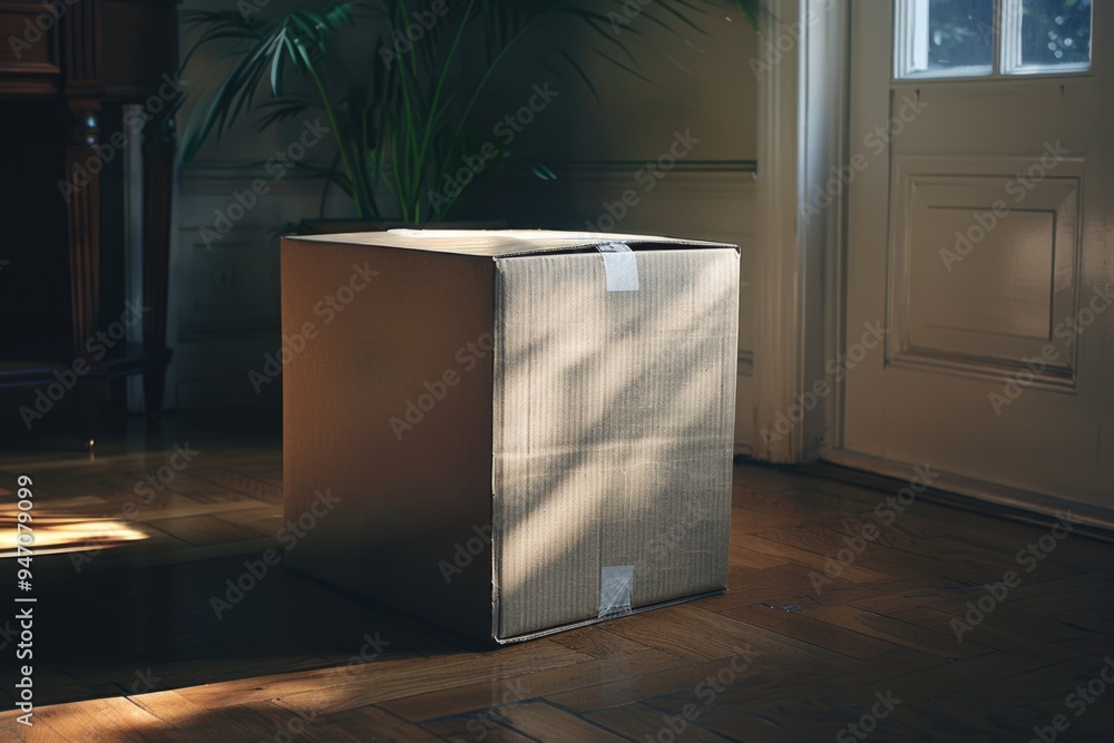 Poster a cardboard box sits on the floor in front of a door, waiting to be opened or moved