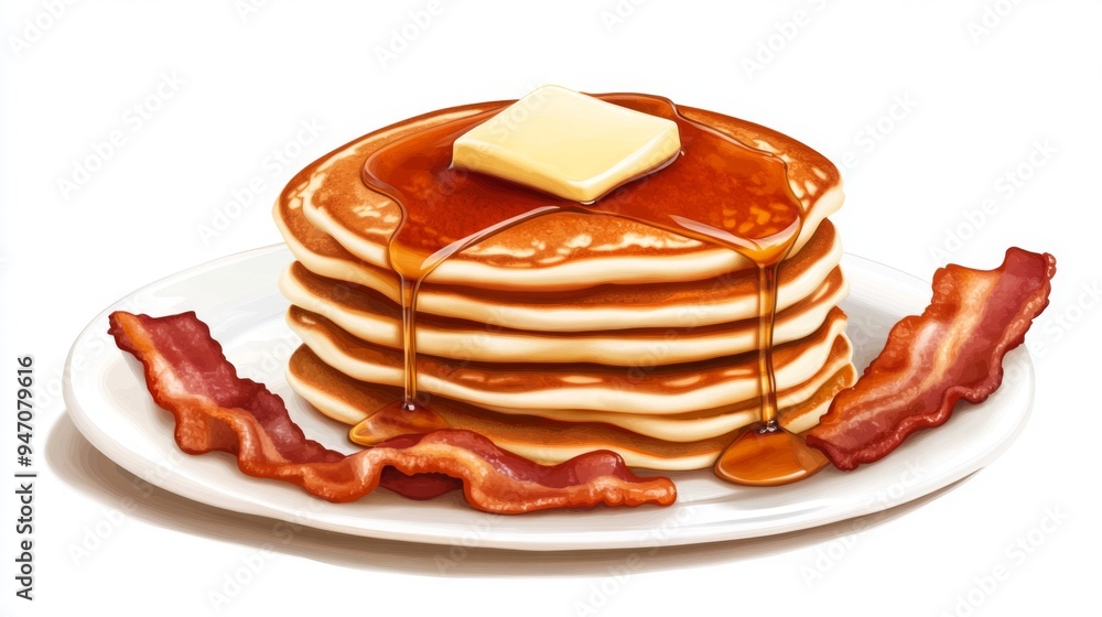 Poster A stack of fluffy pancakes topped with butter and dripping maple syrup, with a side of crispy bacon, all set on a white background for a delicious breakfast scene.