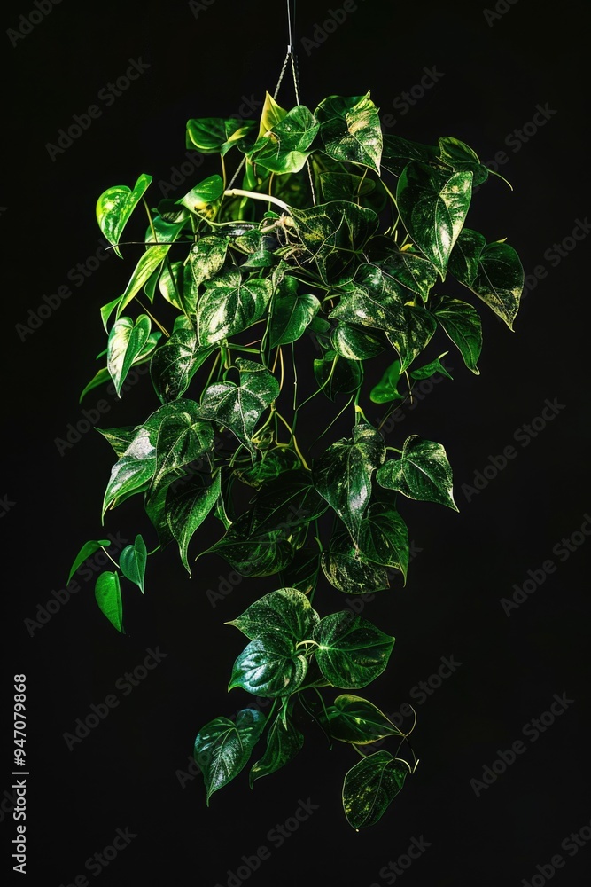 Aufkleber A single plant hanging from a string in a dark room, illuminated by a small light source
