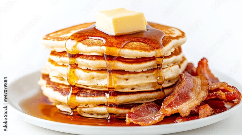Poster A stack of fluffy pancakes topped with butter and dripping maple syrup, with a side of crispy bacon, all set on a white background for a delicious breakfast scene.
