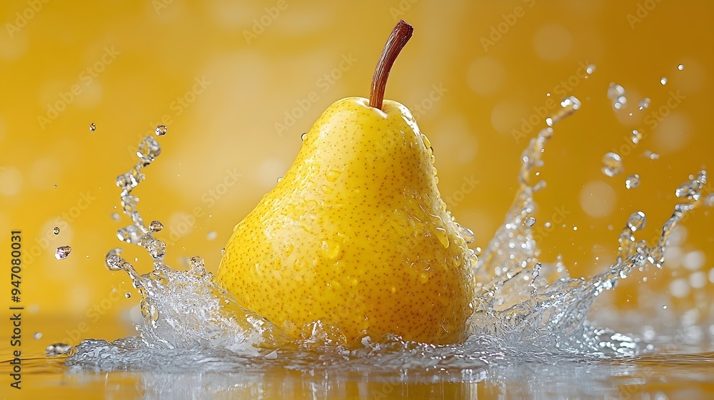 Poster vibrant yellow pear splashing into refreshing water with minimalist background