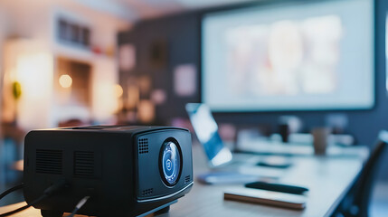 Modern office with sleek projector displaying sharp image on white screen, laptop connectivity, advanced technology in practical setting