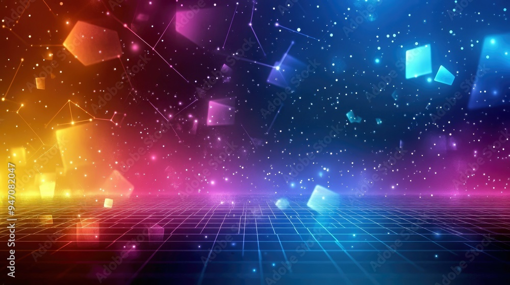 Poster abstract neon grid with floating shapes and glowing particles