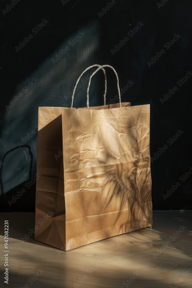 Poster a brown paper bag sitting on top of a wooden table, perfect for storing or displaying small items