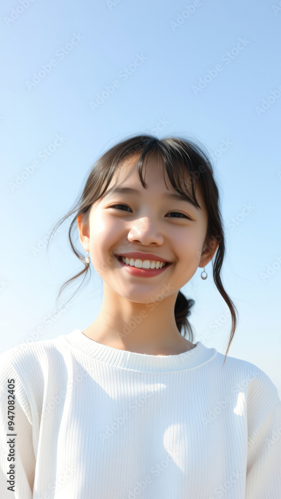 Poster Portrait of a Smiling Young Woman with Blue Sky Background