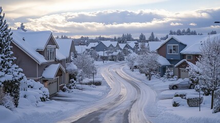 A serene suburban neighborhood blanketed in snow during winter, with houses lining the icy street under a cloudy sky.