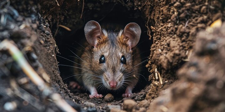 Rat emerging from burrow in the earth