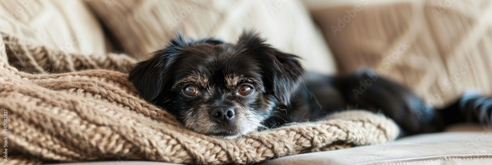 Poster Adorable small black dog relaxing on a sofa in a comfortable living space.