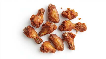 A top-down view of a plate of fried chicken wings, with some pieces whole and others broken, presented on a white background for a clean look.
