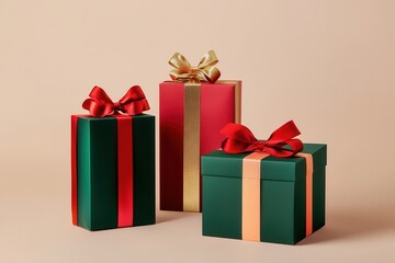 Fototapeta premium Three elegant Christmas gift boxes in geometric shapes, adorned with vibrant ribbons and bows, are arranged on a plain background. Generative AI