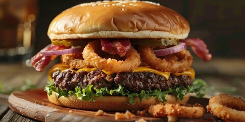 Savory cheeseburger named the onion ring cowboy burger